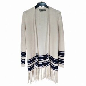 Lauren Ralph Lauren Fringe Cardigan Sweater Blue Off-White Striped Size Medium